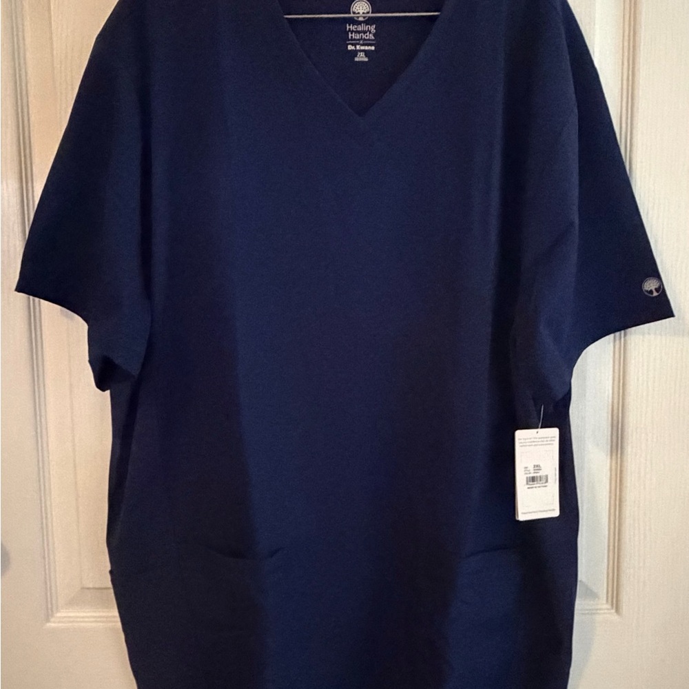 Healing Hands Dark Blue Scrub Top with Pink Trim